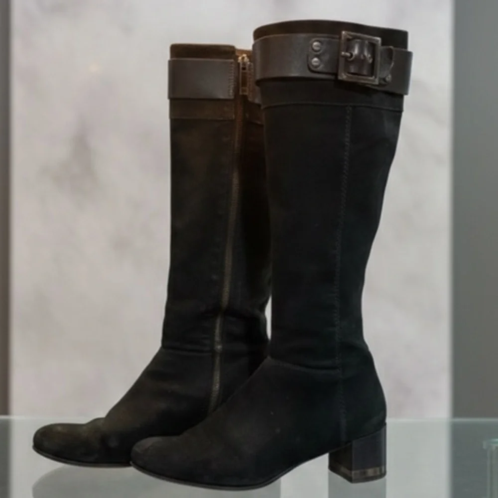 Tory Burch Black Suede Leather Tall Boots Buckle Trim Low Heel Women Sz 7